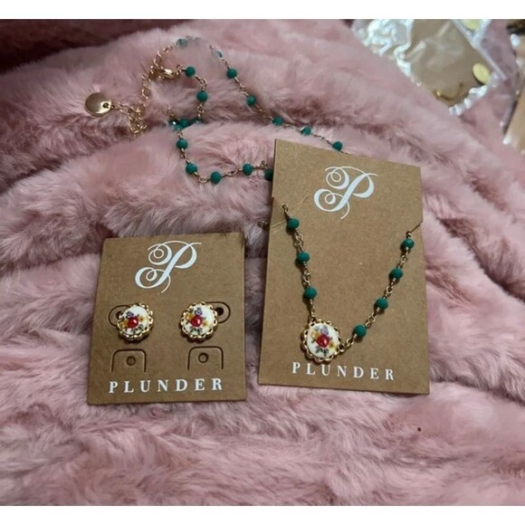 Plunder Jewelry - Teal and gold Necklace & Earrings set